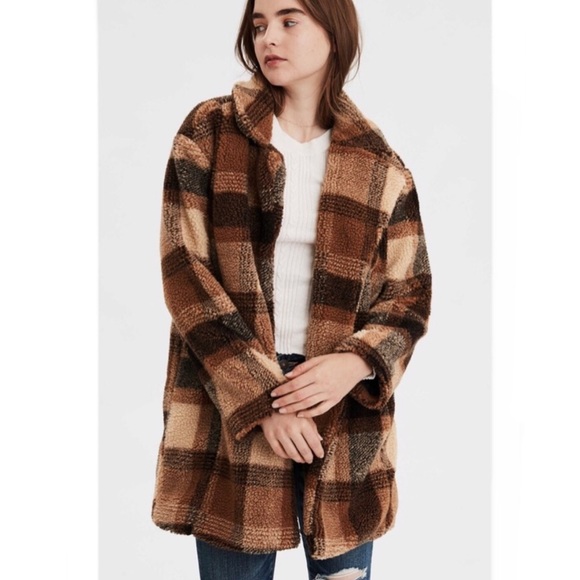 American Eagle Outfitters Jackets & Blazers - American Eagle Oversized Faux Sherpa Plaid Coat Brown XS